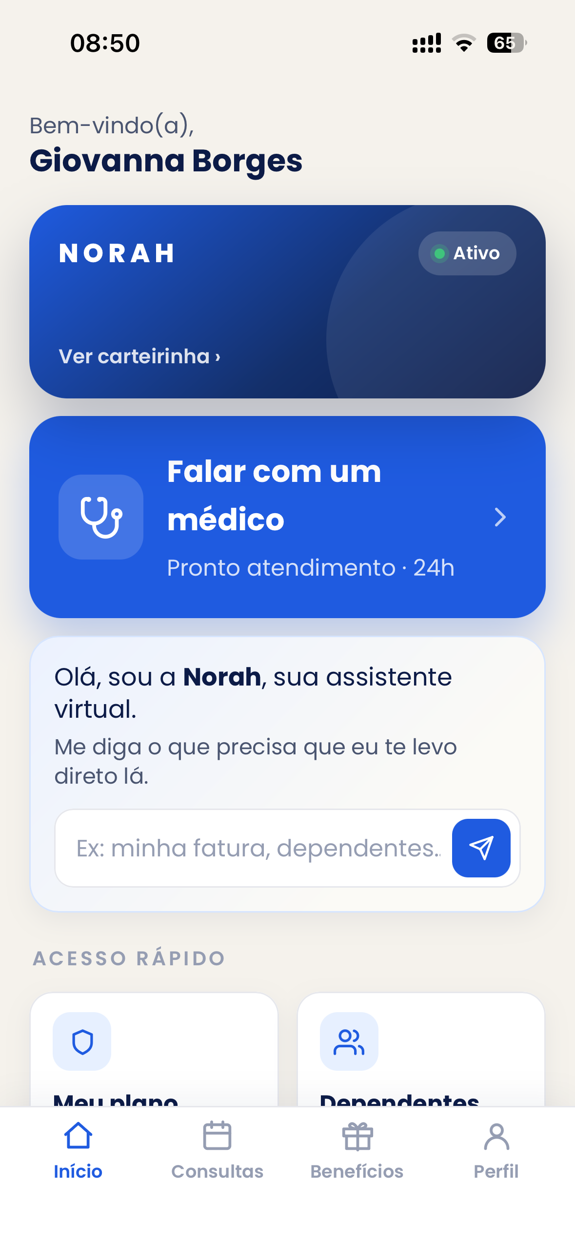 Tela inicial do app da Norah no celular